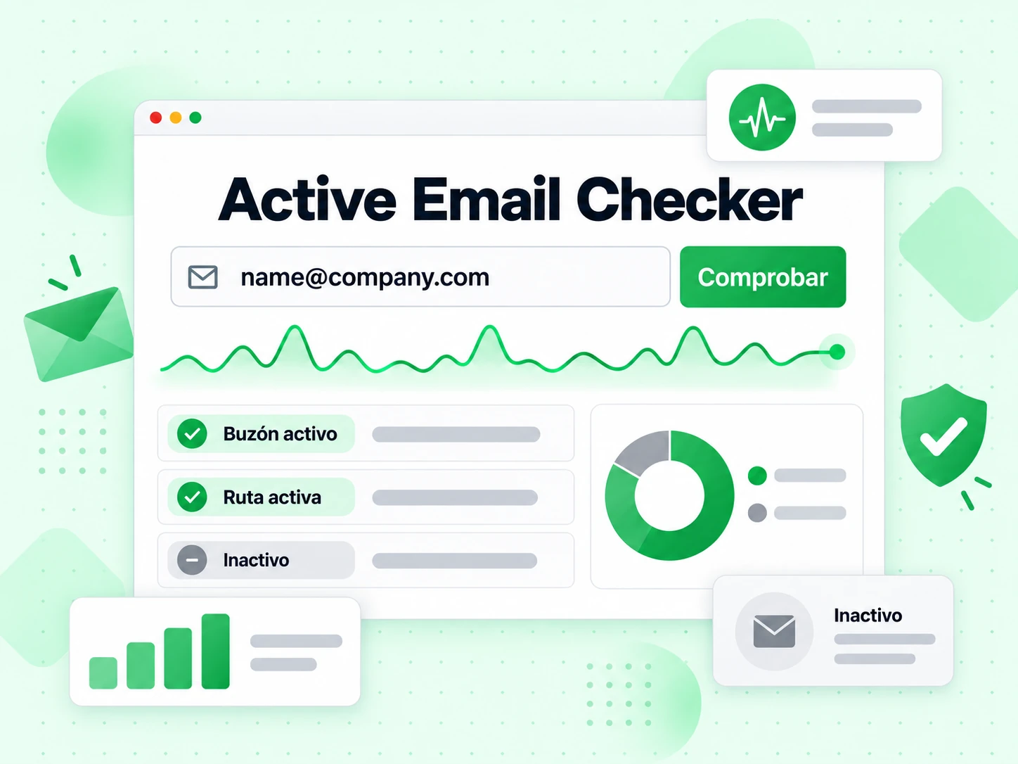 Active Email Checker con campo de correo, pulso verde de actividad y resultados Buzón activo e Inactivo