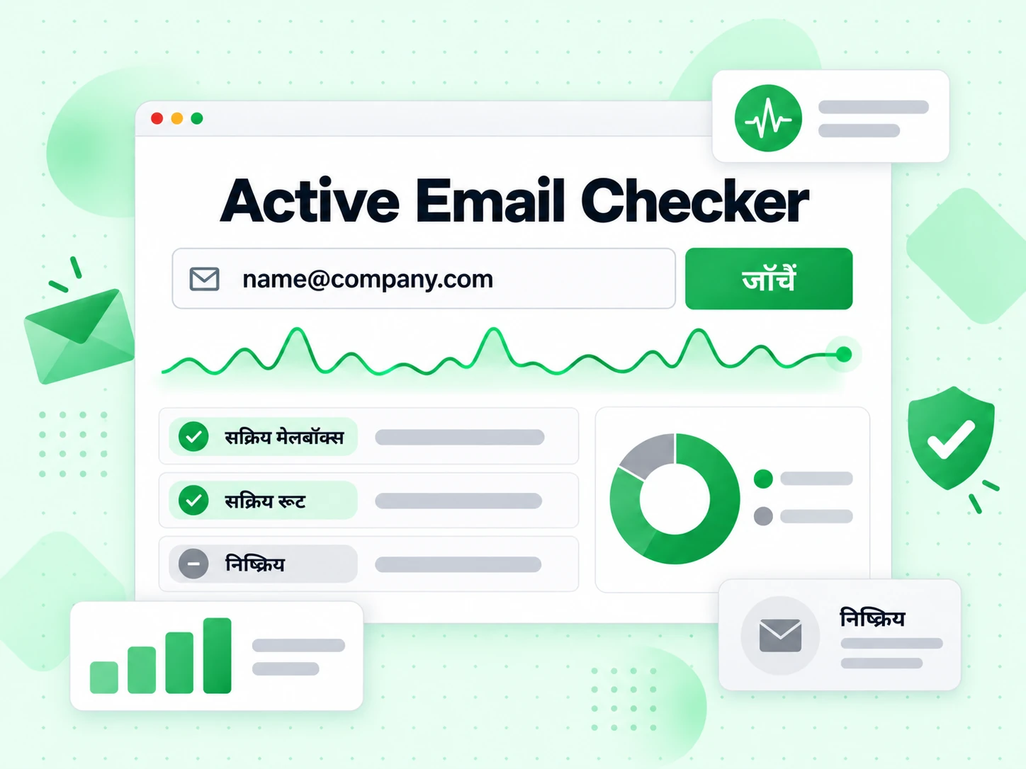 Active Email Checker फ़ॉर्म में ईमेल इनपुट, हरी सक्रियता पल्स और सक्रिय मेलबॉक्स और ग्रे निष्क्रिय नतीजे
