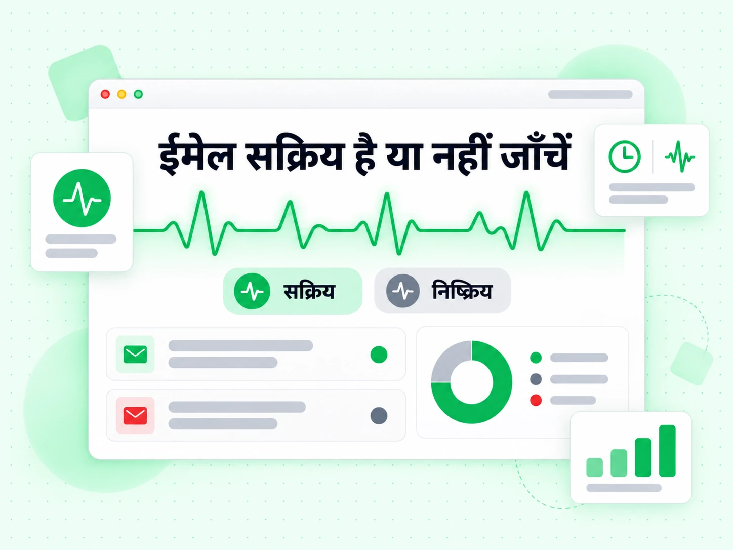 ईमेल सक्रिय है या नहीं जाँचें हरी सक्रियता पल्स, सक्रिय बैज और ग्रे निष्क्रिय बैज दिखाता है