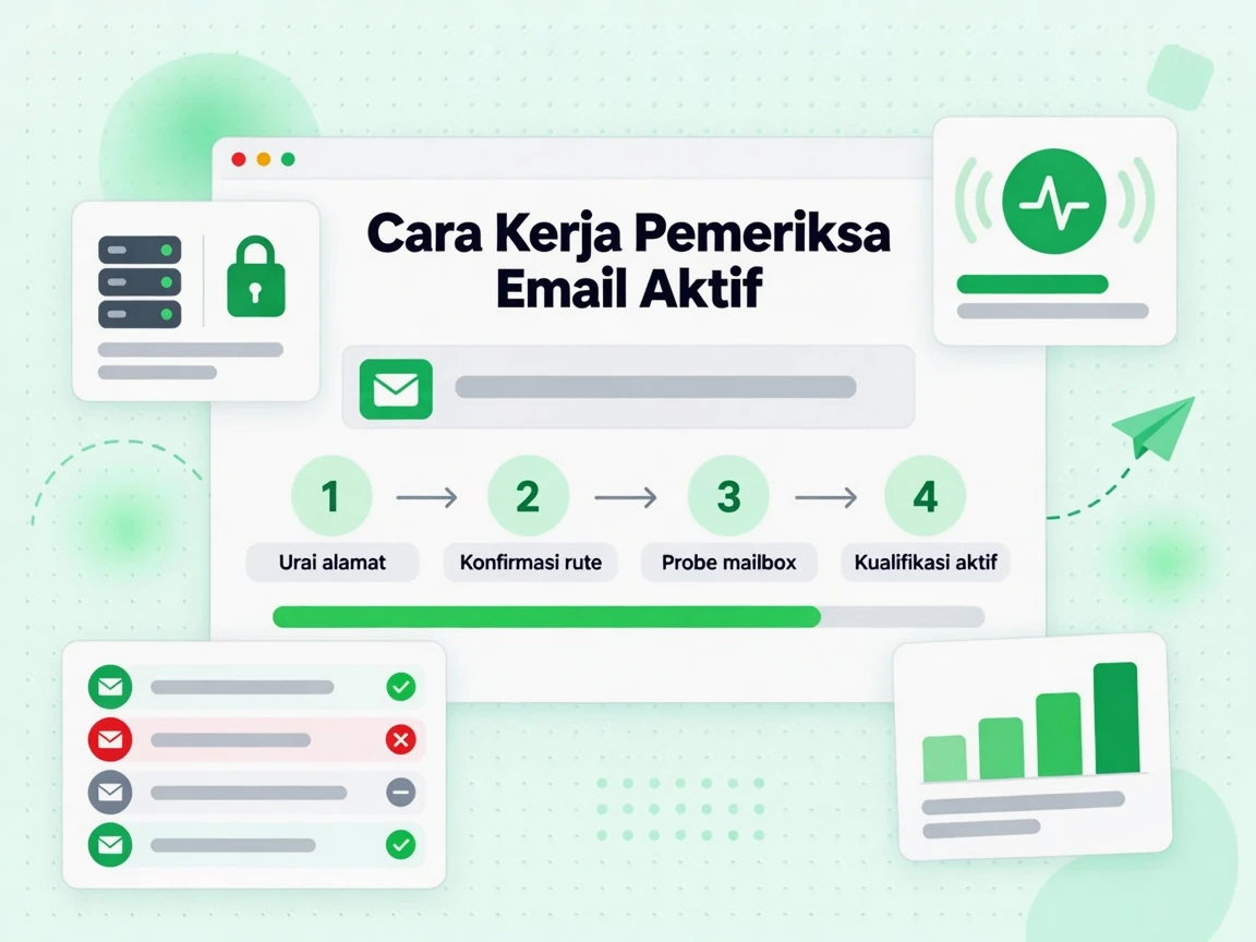Cara Kerja Pemeriksa Email Aktif ditampilkan sebagai empat langkah yang berakhir pada menilai apakah mailbox aktif