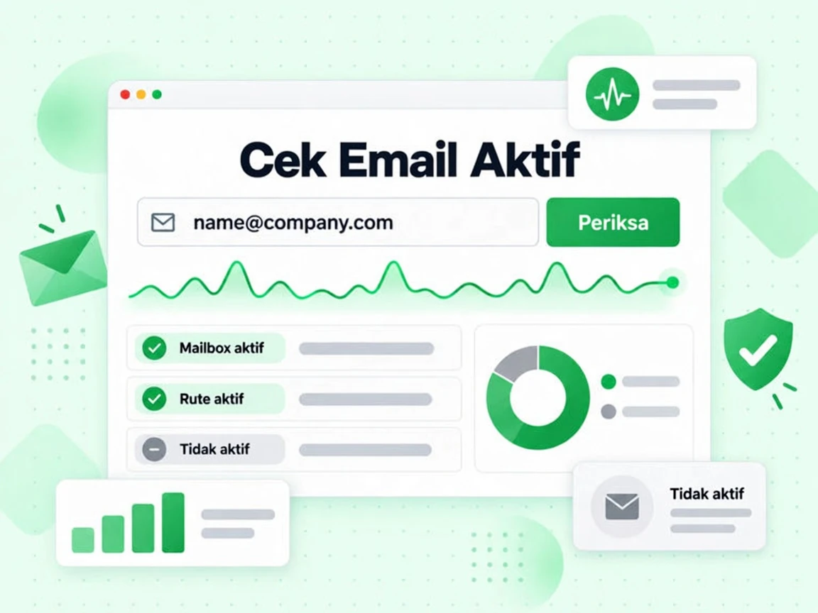 Cek Email Aktif: formulir dengan input email, denyut aktivitas hijau, dan hasil mailbox aktif serta tidak aktif abu-abu