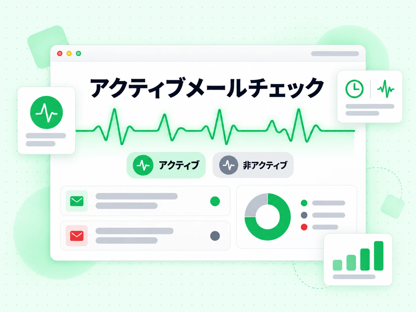 緑の脈動とアクティブのバッジ、灰色の非アクティブのバッジを示すアクティブメールチェック。