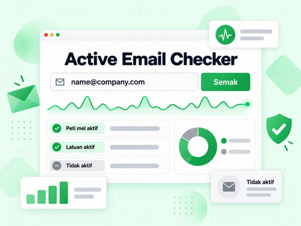 Active Email Checker dengan e-mel dimasukkan, denyut aktiviti hijau dan hasil Peti mel aktif.