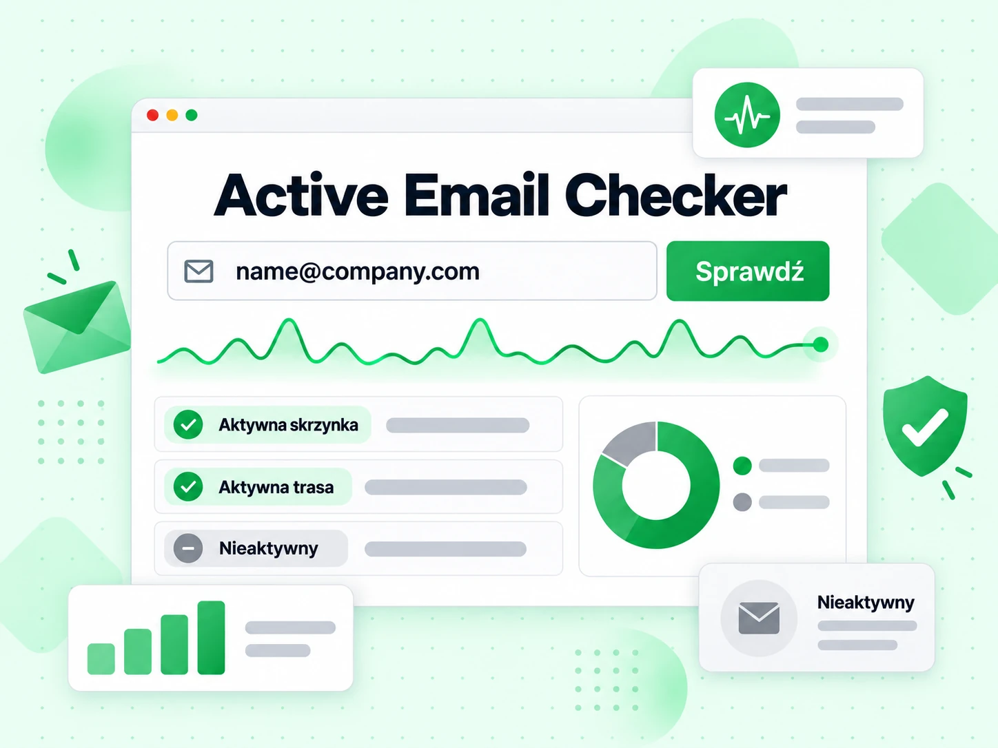 Active Email Checker: pole e-mail, zielony puls aktywności, Aktywna skrzynka i szary wynik Nieaktywny