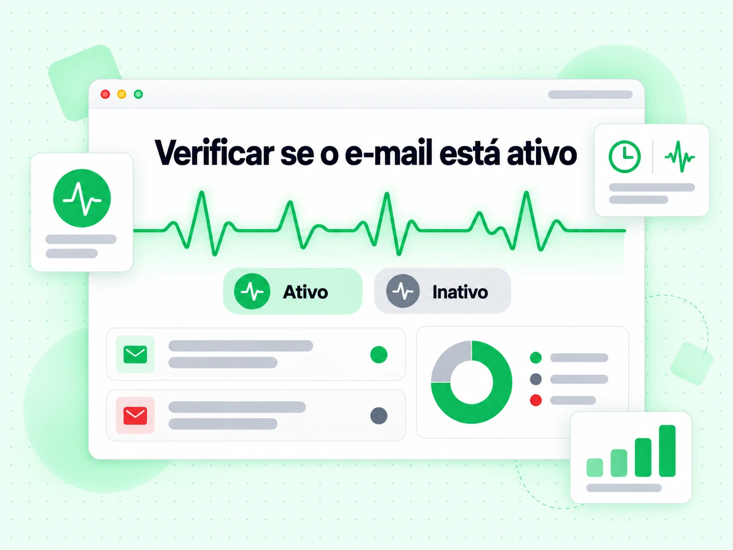Verificar se o e-mail está ativo com pulso de atividade verde, selo Ativo e selo cinza Inativo