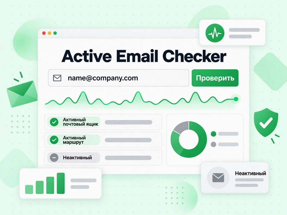 Active Email Checker: форма с полем email, пульсом активности и результатами Active mailbox и Inactive