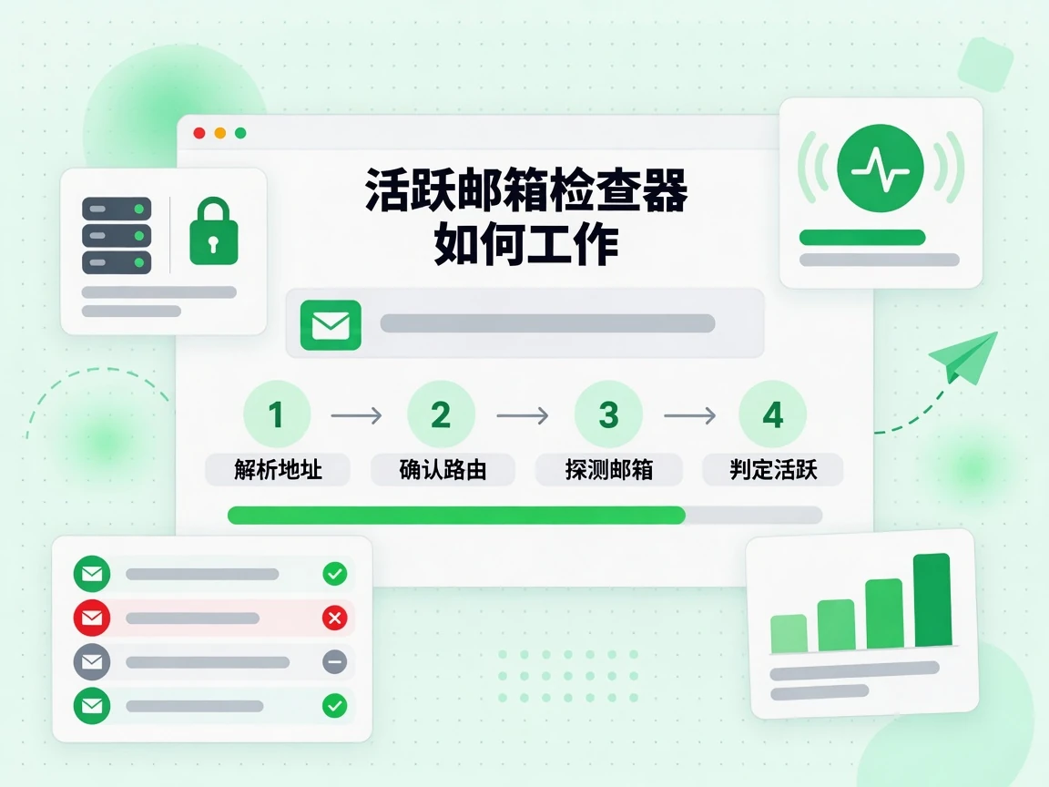 解析地址、确认路由、探测邮箱，最后判定活跃，四步说明活跃邮箱检查器如何工作。
