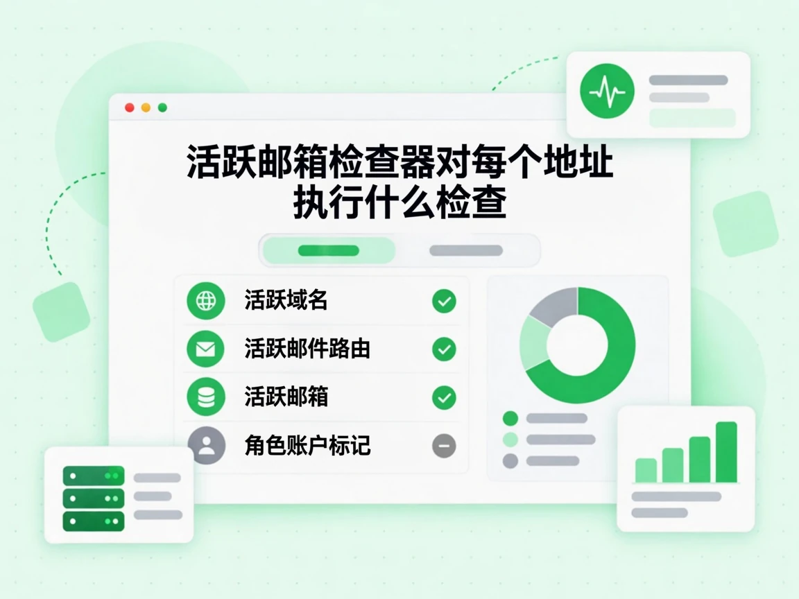 活跃邮箱检查器对每个地址执行什么检查：活跃域名、活跃邮件路由、活跃邮箱，以及灰色的角色账户标记。