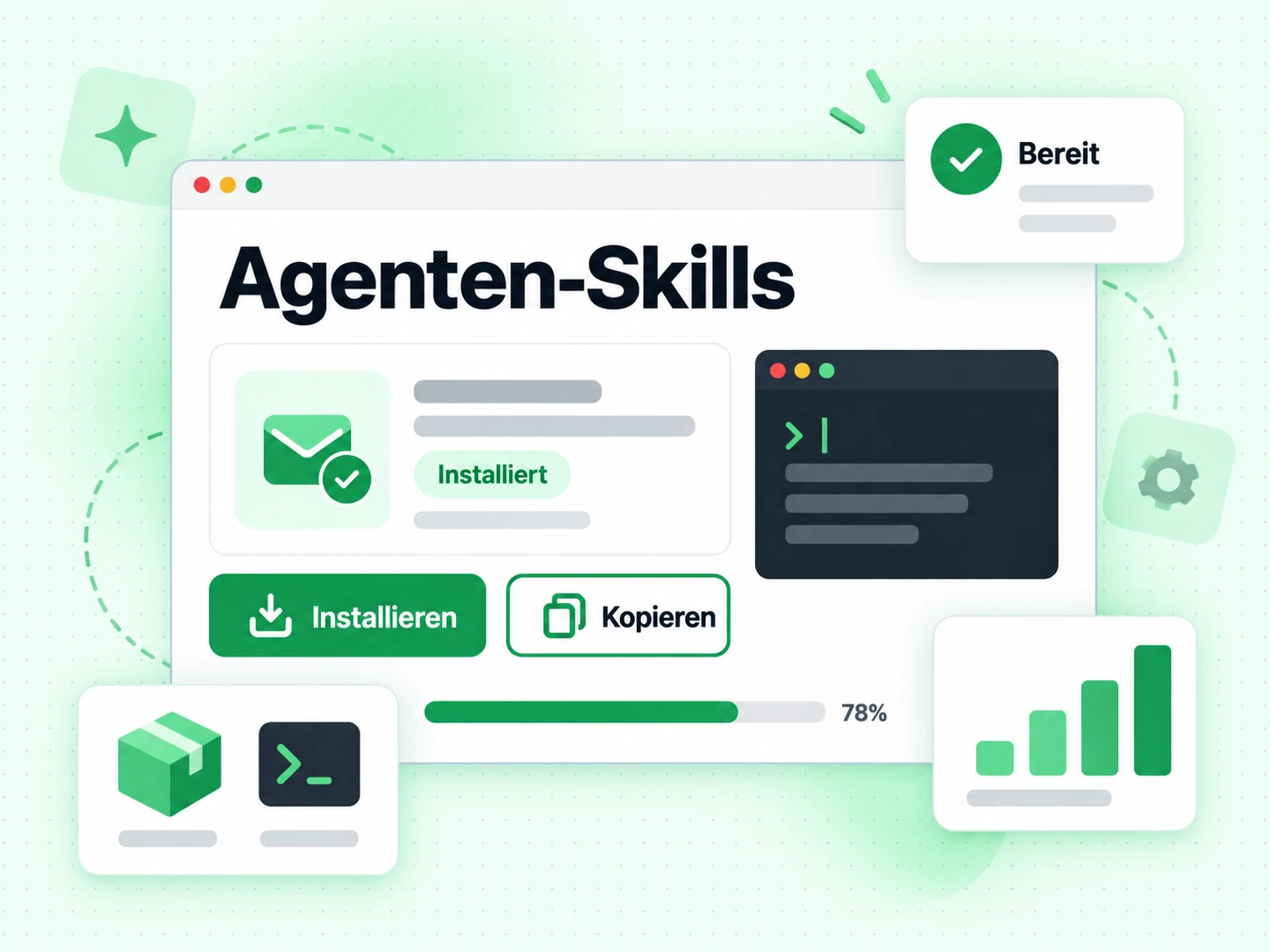 Agenten-Skills-Installationskarte mit Buttons zum Installieren oder Kopieren des Skills