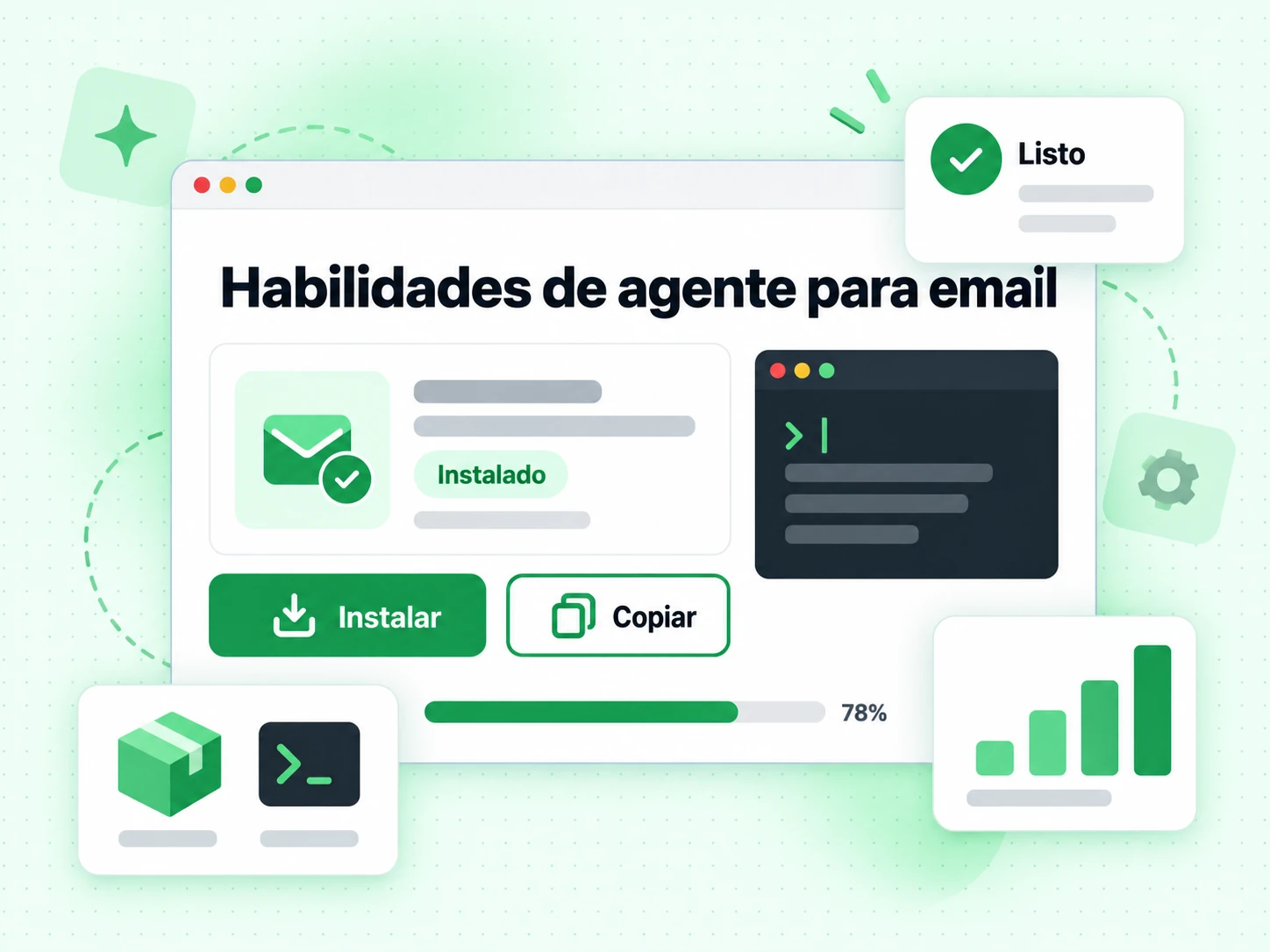 Habilidades de agente para email en tarjeta de instalación con botones Instalar, Copiar y estado Instalado