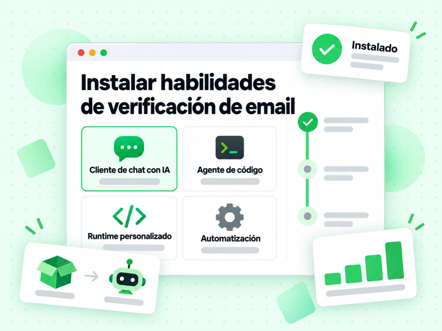 Instalar habilidades de verificación de email en cliente de chat IA, agente de código y runtime personalizado