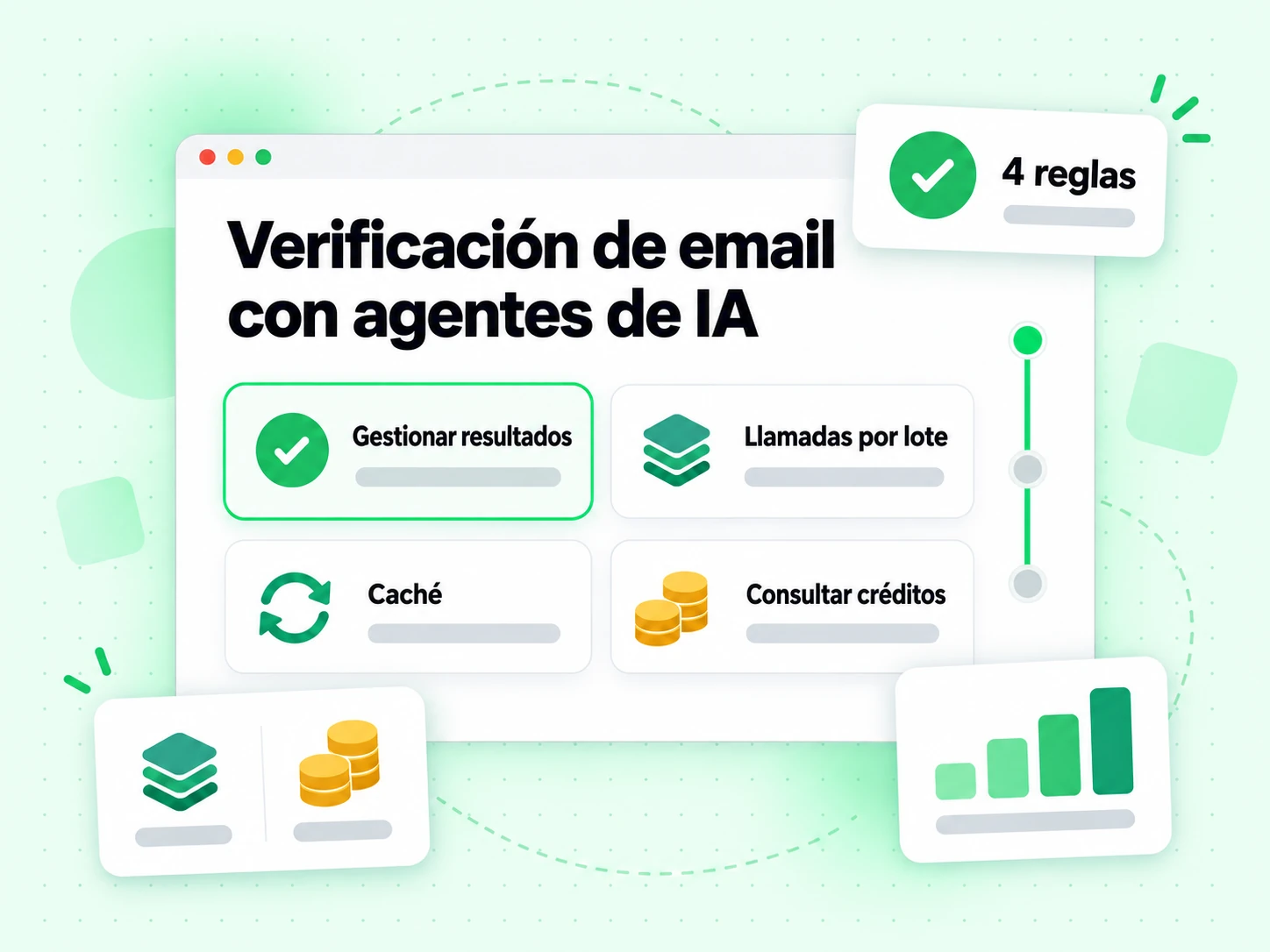 Verificación de email con agentes de IA: Gestionar resultados, Lote, Caché y Consultar créditos en 4 reglas