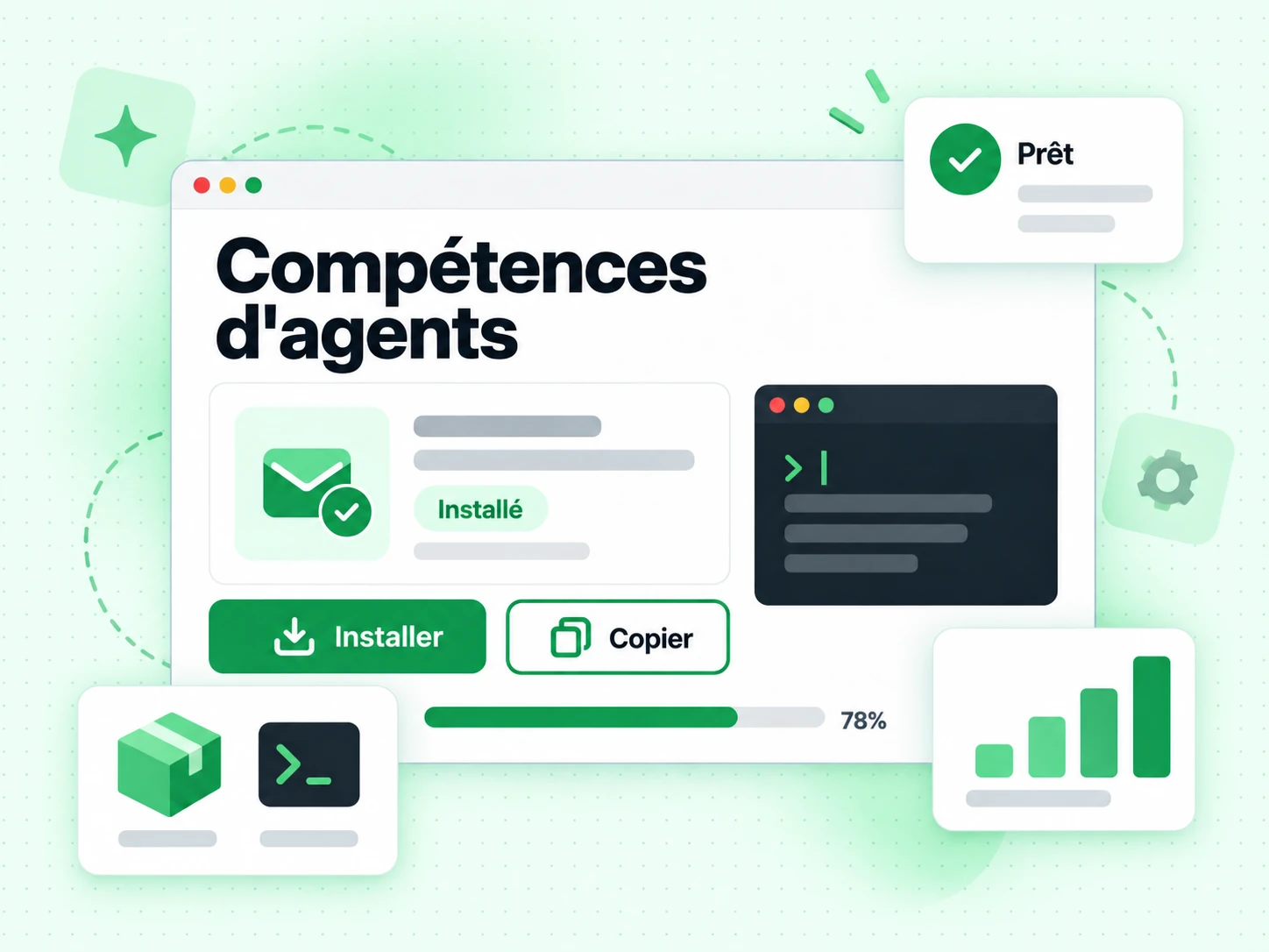 Compétences d'agents : interface avec Installé, Installer, Copier, Prêt, OAnK%d