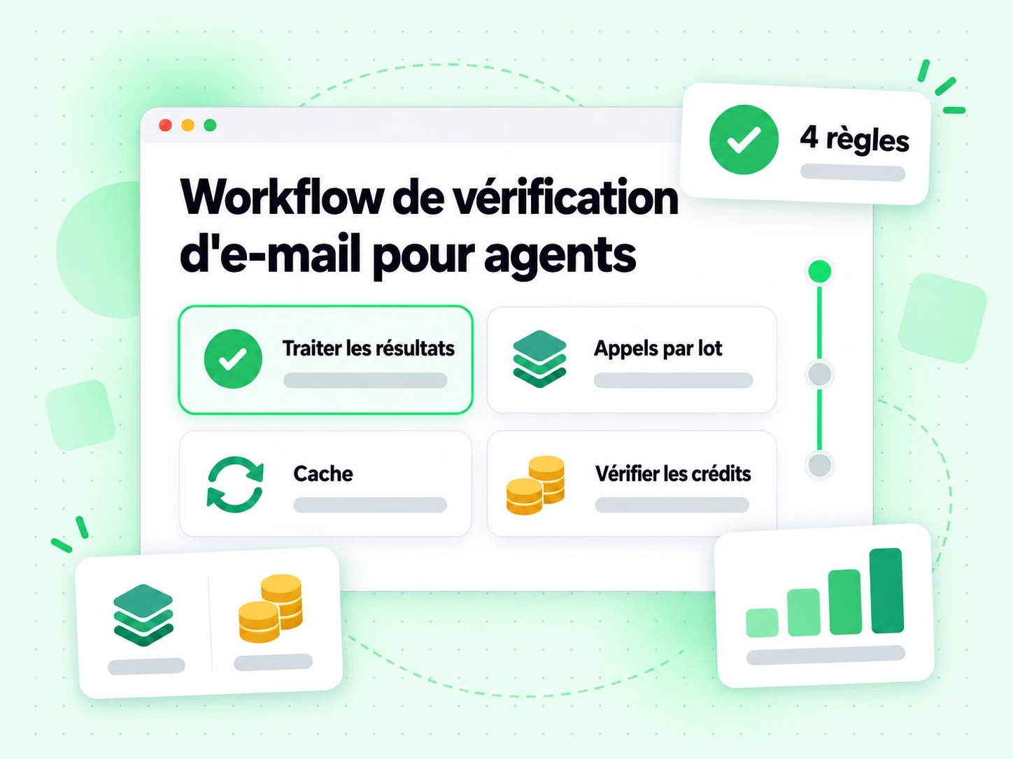 Workflow de vérification d'e-mail pour agents : interface avec Traiter les résultats, Appels par lot, Cache