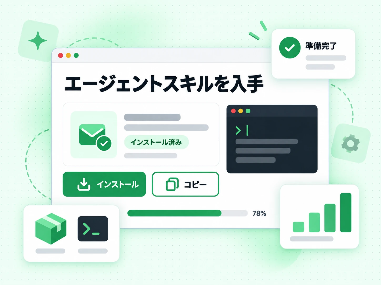 インストールとコピーのボタン、インストール済みと準備完了を示すエージェントスキルを入手のカード。