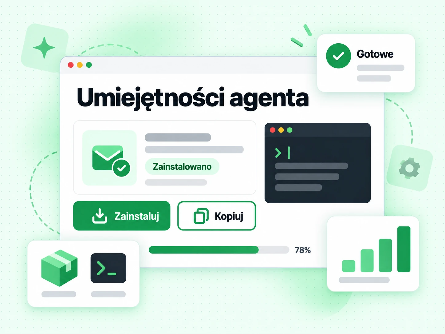 Karta instalacji Umiejętności agenta z przyciskami Zainstaluj i Kopiuj oraz statusami Zainstalowano i Gotowe