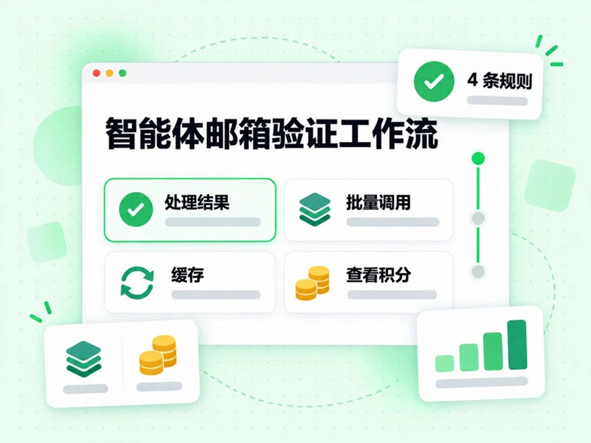 智能体邮箱验证工作流涵盖处理结果、批量调用、缓存和查看积分，共 4 条规则。