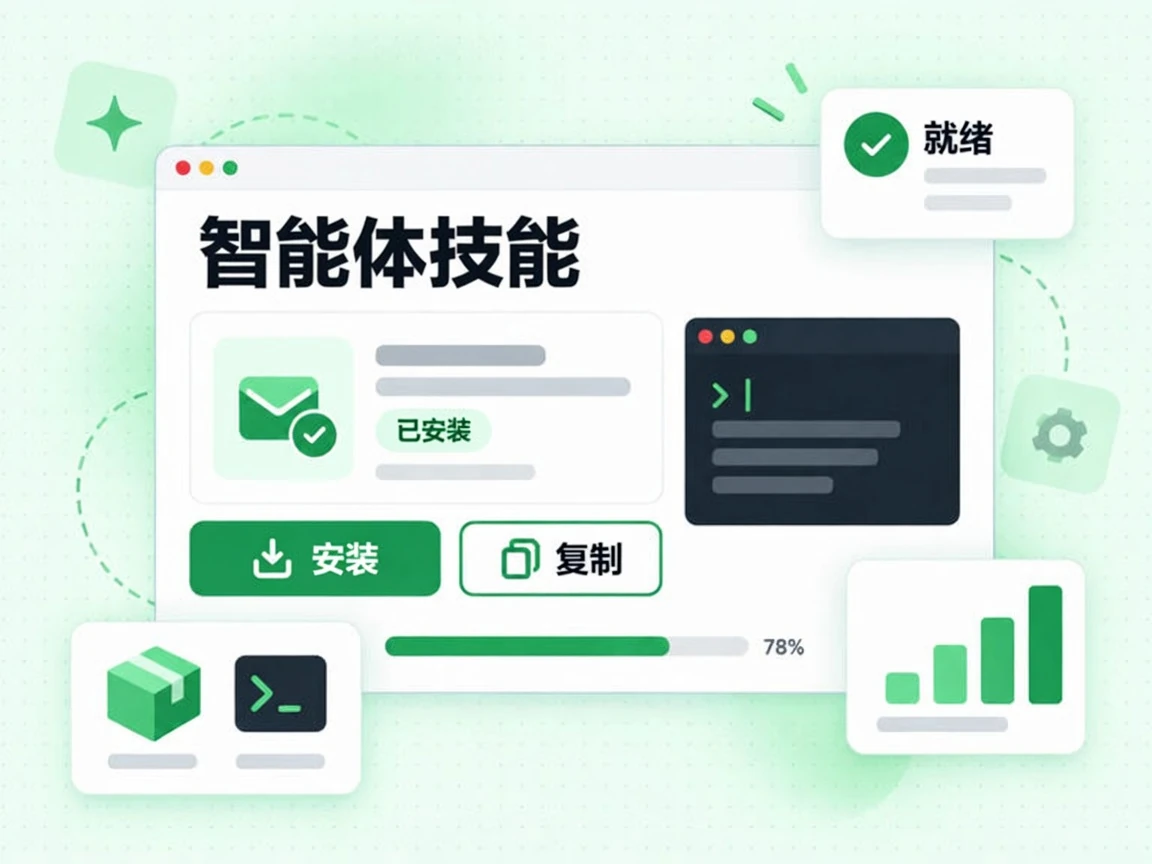 智能体技能的安装卡片带有安装与复制按钮，并显示已安装和就绪。