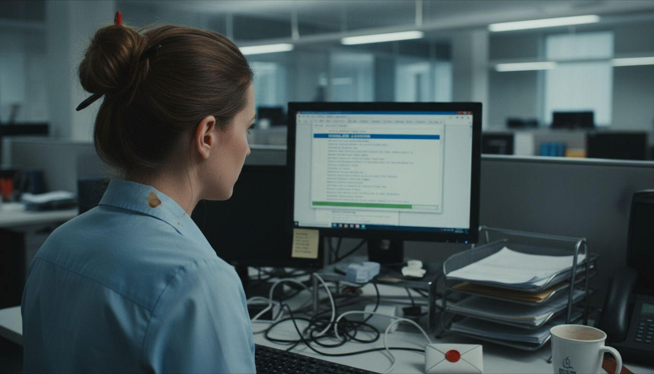 Employee analyzing email validation results at desk