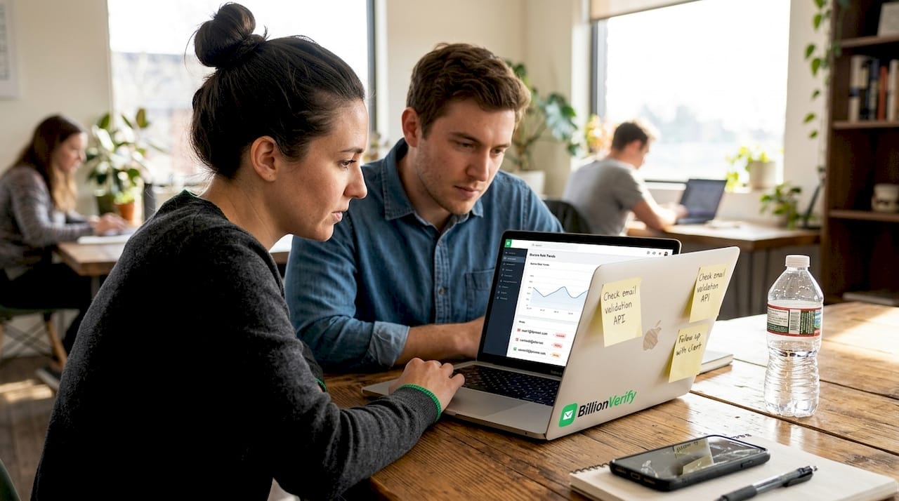 Team reviewing cold email campaign metrics at a desk