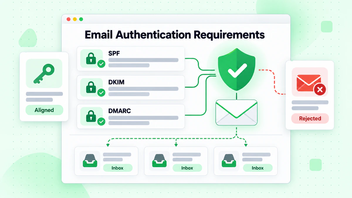 Schede dei record SPF, DKIM e DMARC che confluiscono in uno scudo verde: requisiti di autenticazione email