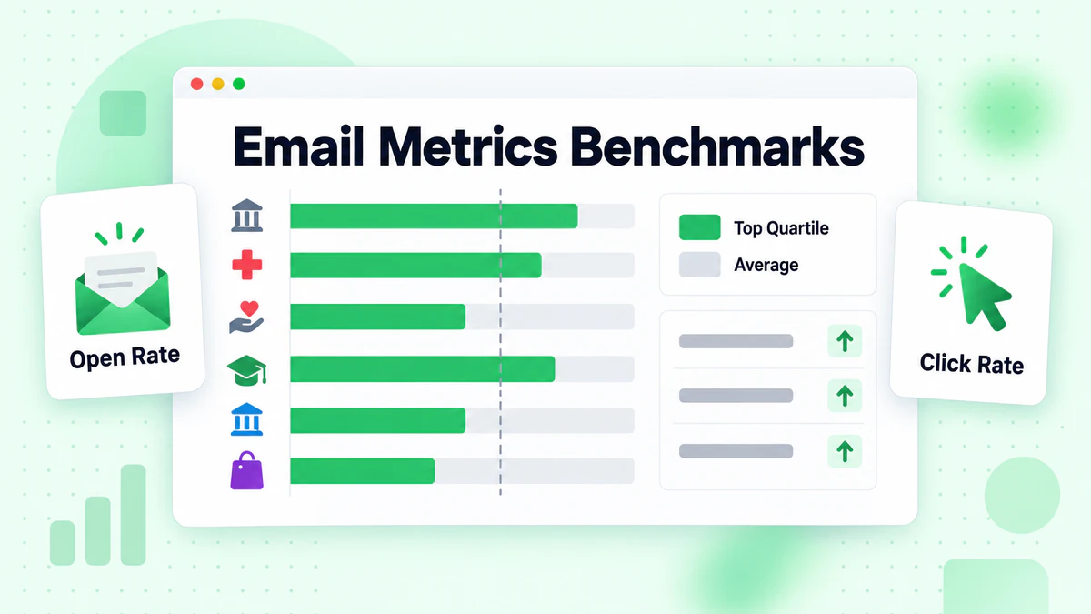 Industry bar chart with open rate and click rate legend cards comparing email metrics benchmarks