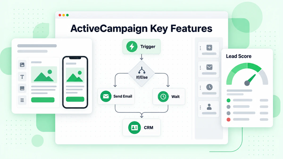 トリガー、分岐、CRM ノードを表示する、ActiveCampaign の主要機能を備えたオートメーションビルダーのキャンバス