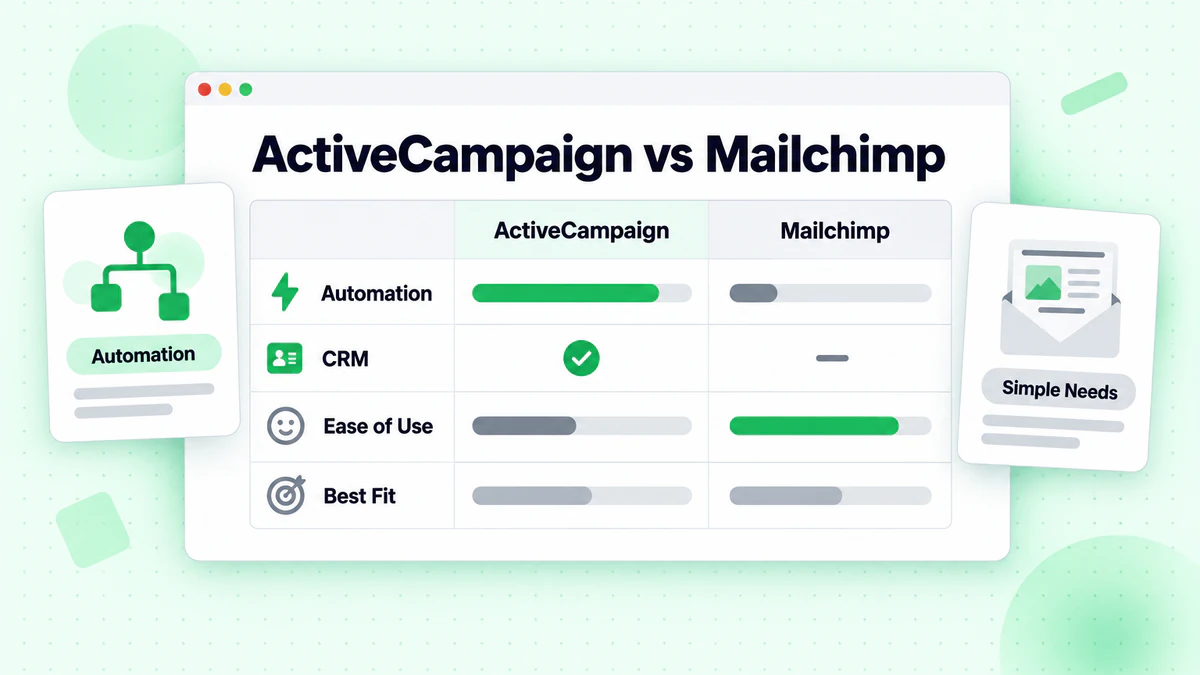 ActiveCampaign と Mailchimp のオートメーション、CRM、使いやすさを評価した比較表