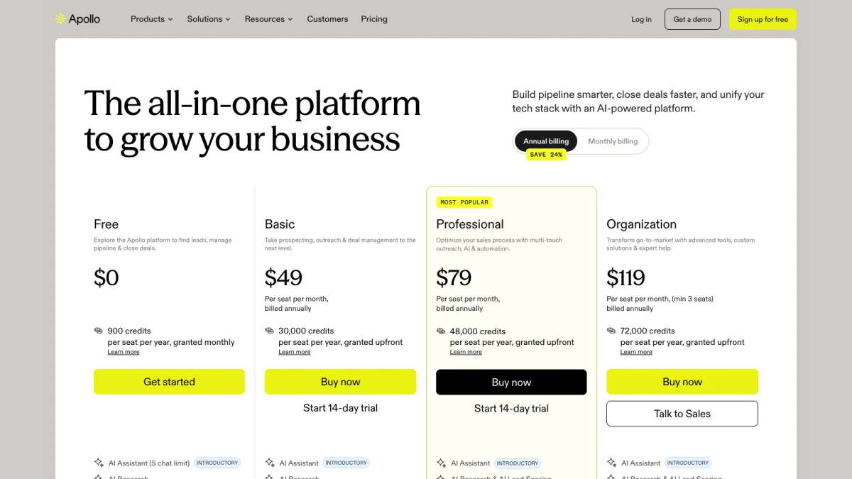 Apollo.io pricing plans: Free, Basic, Professional and Organization