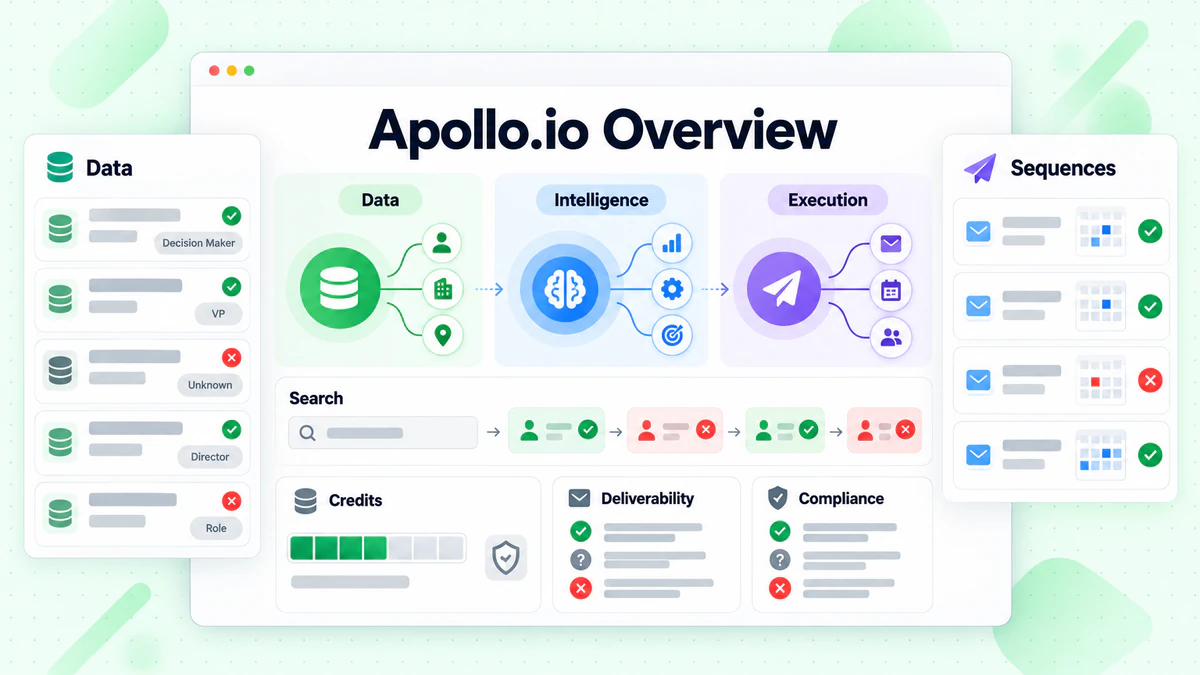 Apollo.io Overview showing data, intelligence, outreach sequences, credits, and deliverability controls