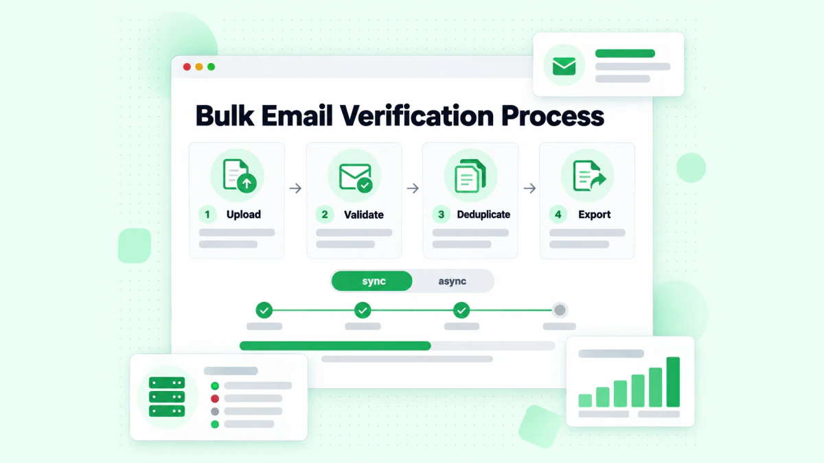 Bulk email verification process for an Apollo export: upload, validate, deduplicate, export