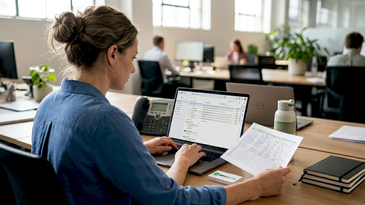 Woman at an office desk reviewing a B2B email hygiene checklist beside her laptop and desk phone