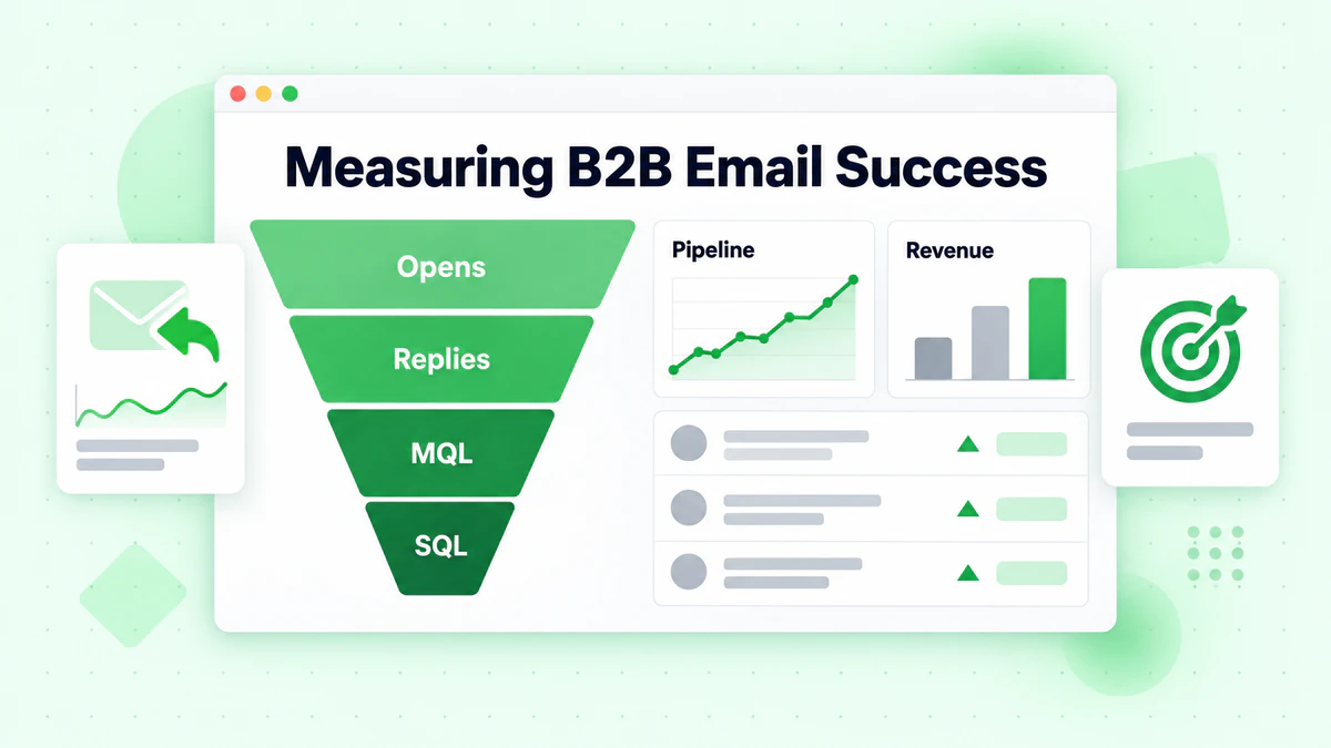 Funnel from opens to SQL beside pipeline and revenue charts for measuring B2B email success