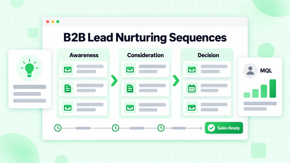 Awareness, consideration and decision columns of emails flowing to sales ready in B2B lead nurturing sequences