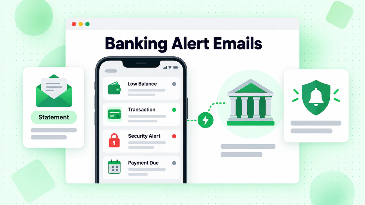 Inbox su smartphone con avvisi di saldo basso, transazioni e sicurezza: email bancarie di avviso
