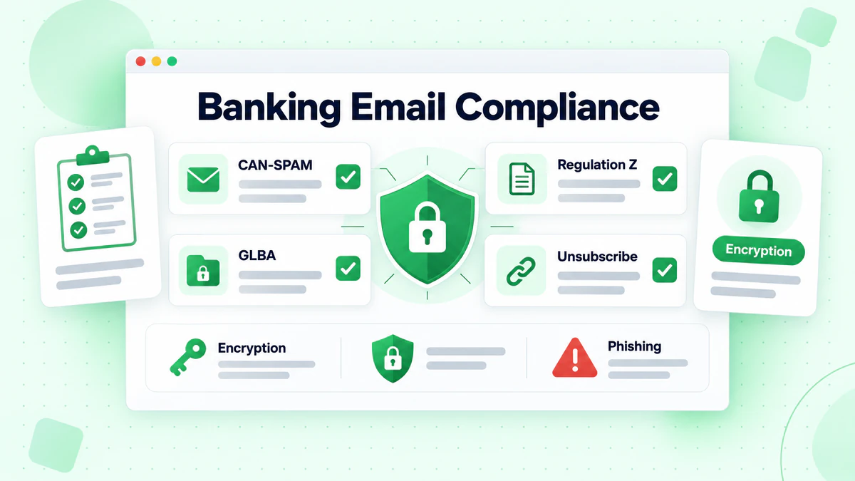 Scudo circondato da schede CAN-SPAM, GLBA e Regulation Z per la conformità delle email bancarie
