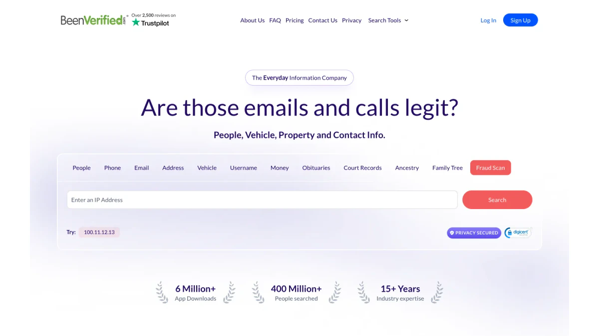 BeenVerified Fraud Scan tab with an Enter an IP Address box on the homepage
