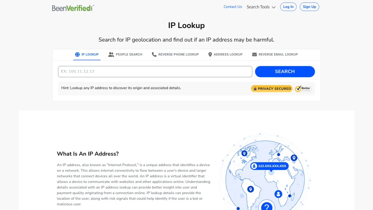IP address lookup page on beenverified.com with an IP Lookup search box
