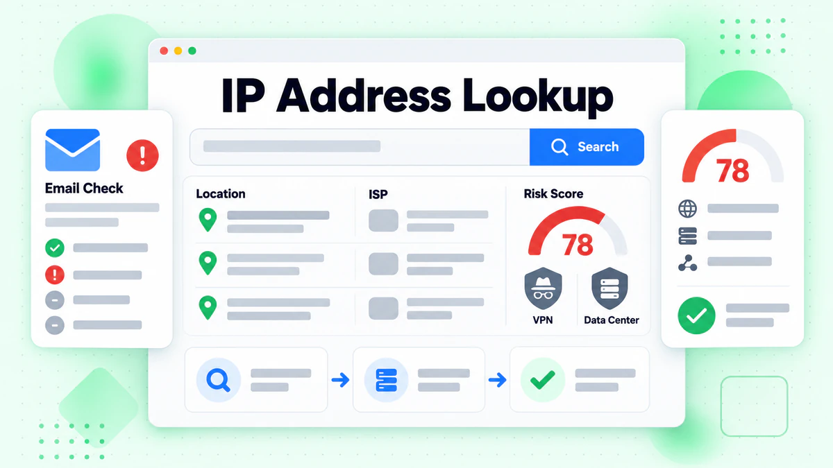 IP Address Lookup dashboard showing location, ISP, risk score, VPN, and email checks