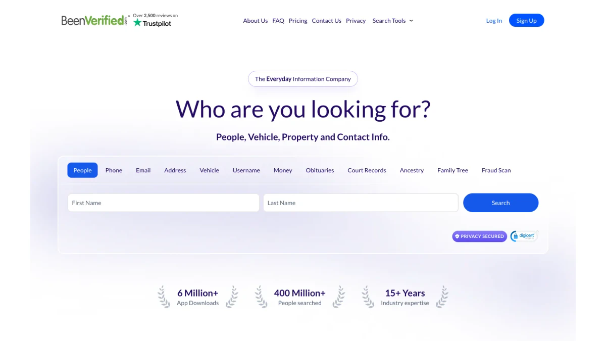 BeenVerified people search tab on the beenverified.com homepage