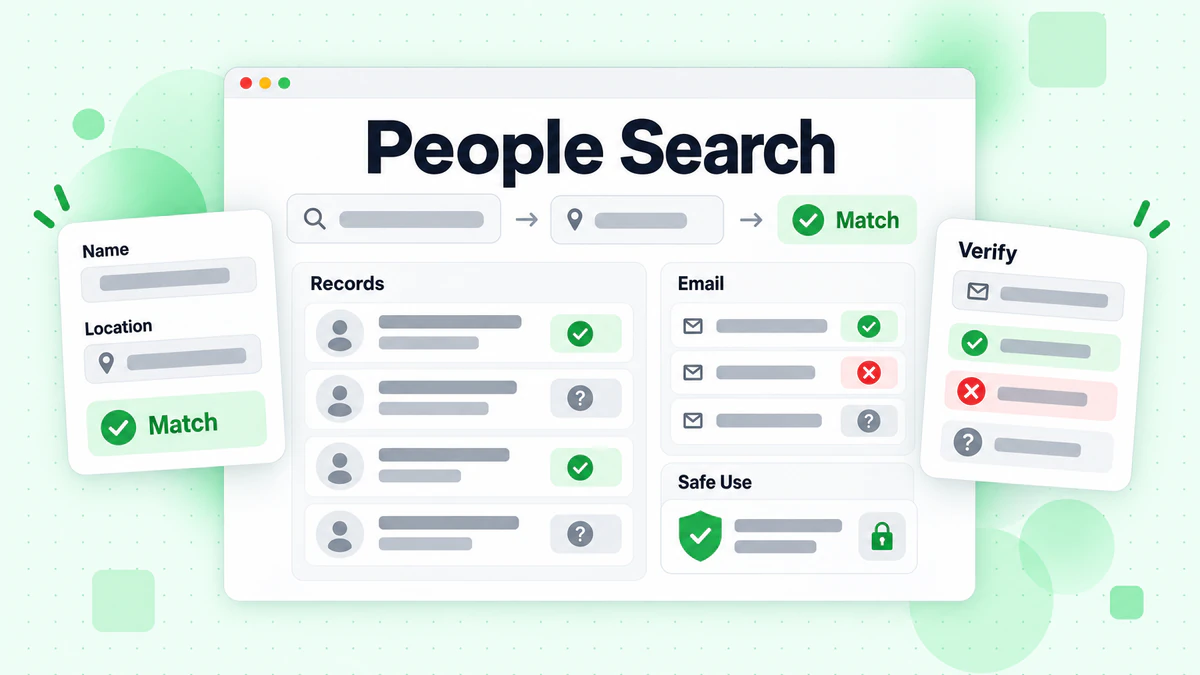 People Search dashboard showing matched public records, safe use, and email verification