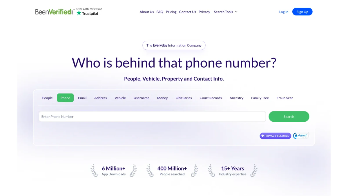 BeenVerified phone search tab on the beenverified.com homepage