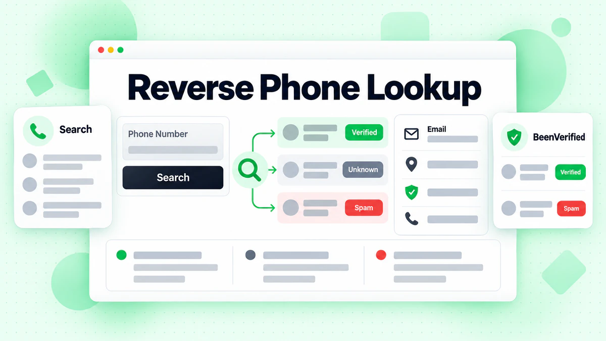 Reverse Phone Lookup dashboard showing search, caller results, spam status, and linked email data