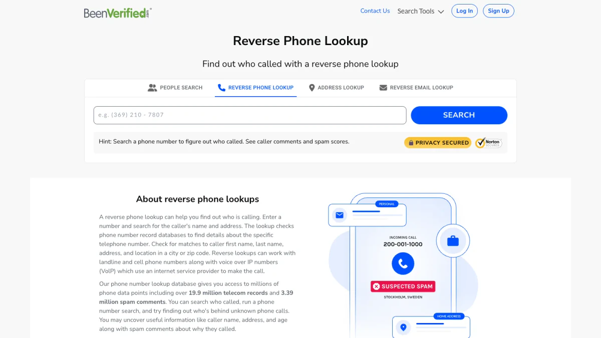 Reverse phone lookup page on BeenVerified with the phone number search bar