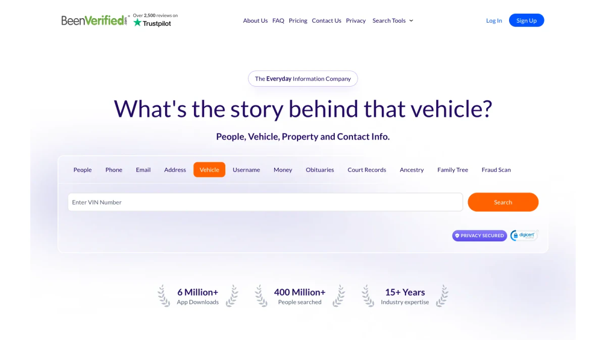 BeenVerified VIN lookup on the homepage Vehicle tab