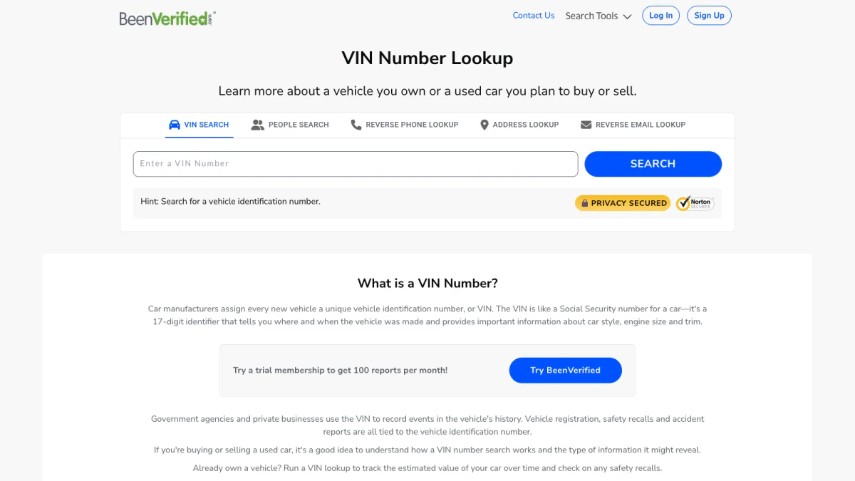 BeenVerified VIN number lookup tool with the VIN search box