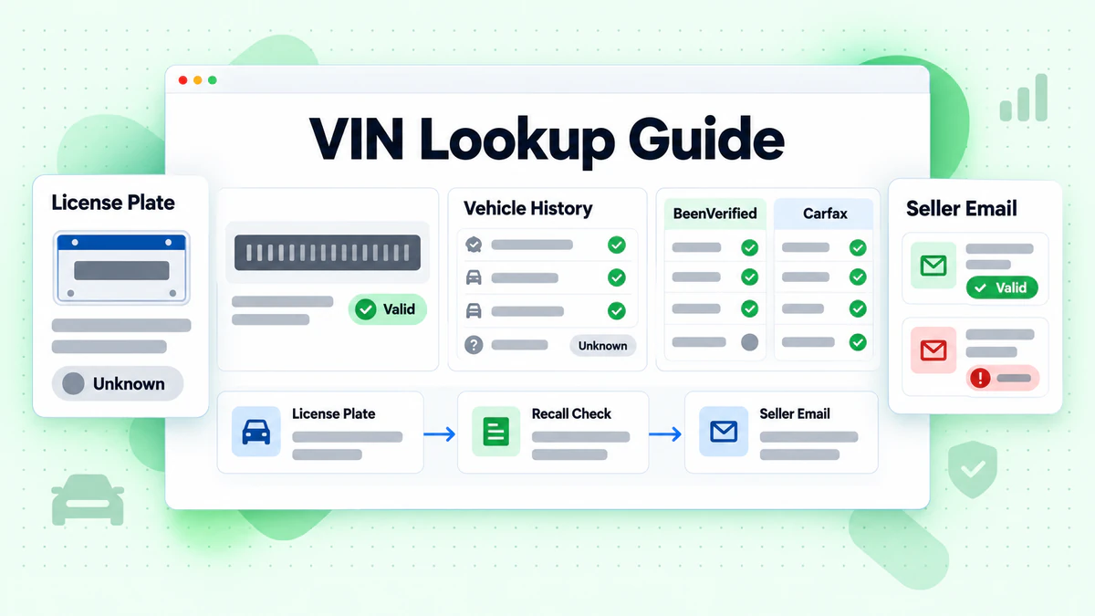 VIN Lookup Guide dashboard showing vehicle history, plate checks, recalls, and seller email verification