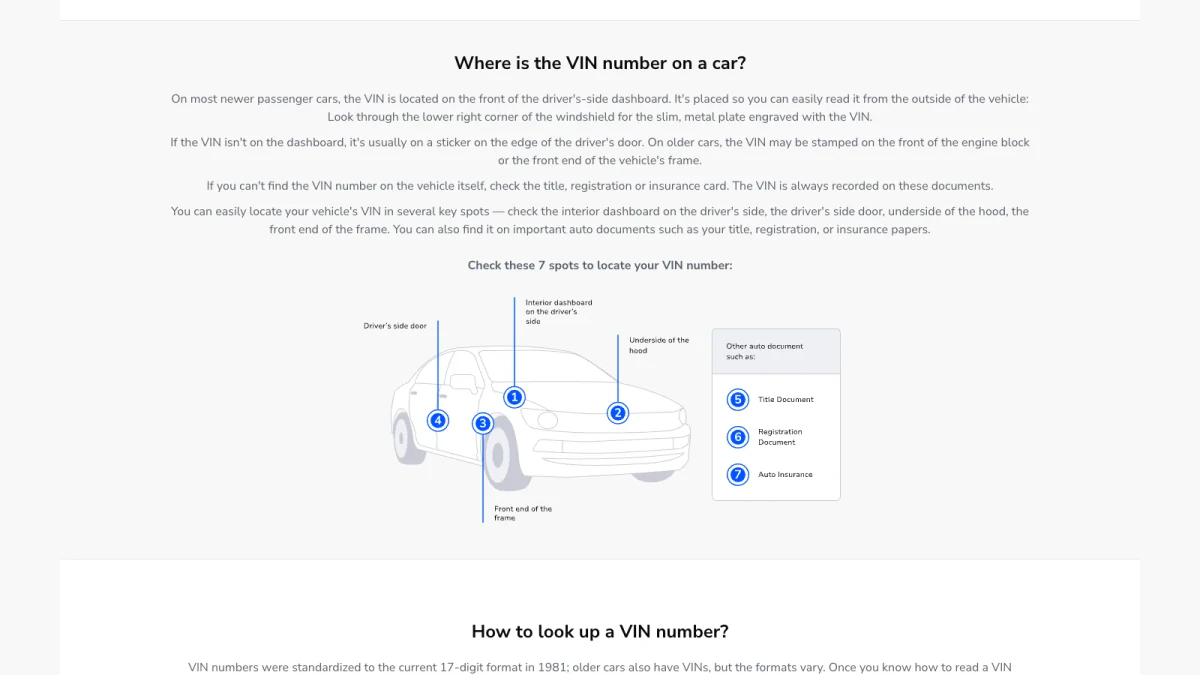 Where is the VIN number on a vehicle: seven spots shown by BeenVerified
