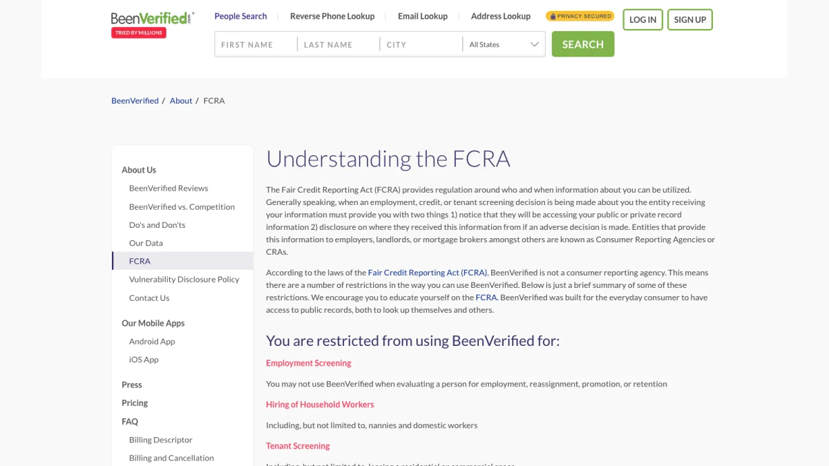 BeenVerified background check limits under the FCRA, from beenverified.com