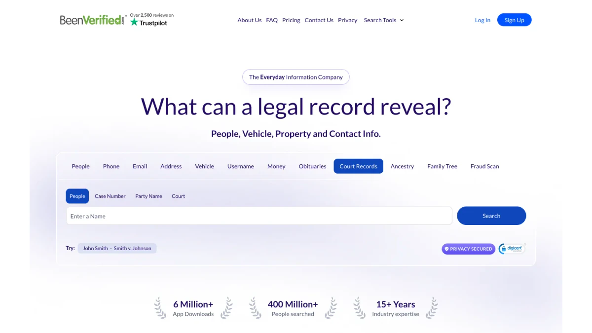 BeenVerified search box with twelve search tabs on the homepage